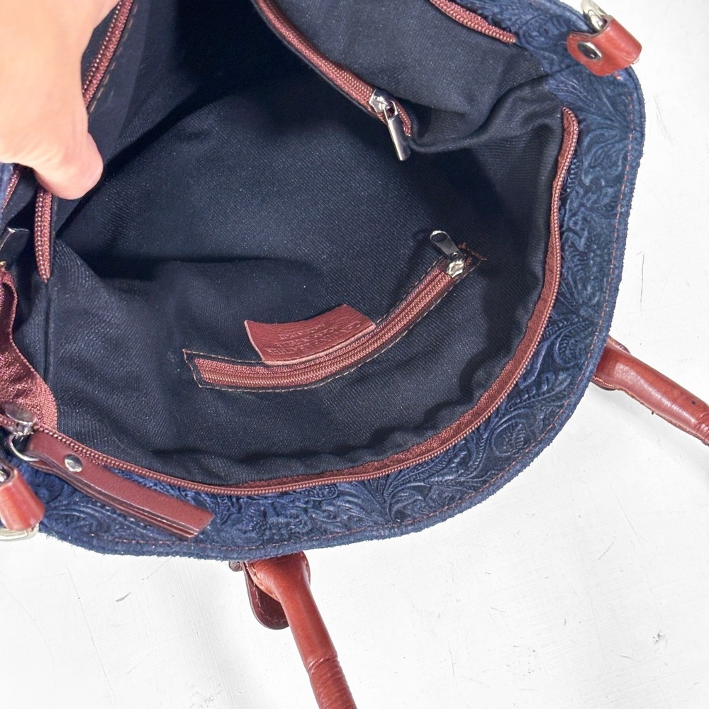 Borse in Pelle Navy Floral Embossed Suede Leather Tote Bag Made in Italy - Picture 11 of 12